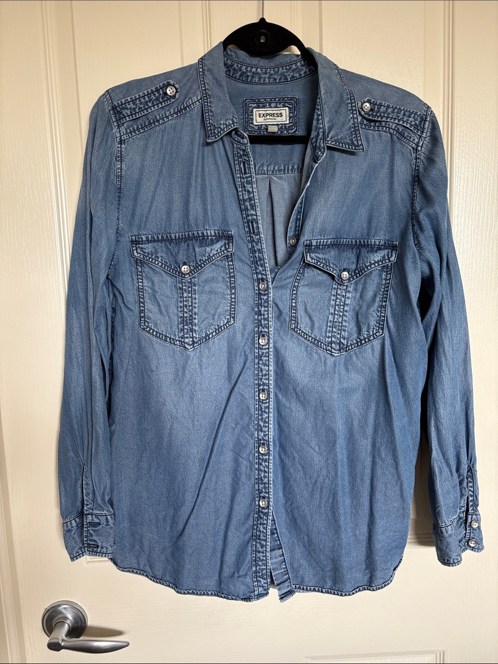 Express Light Blue Denim Shirt - Long Sleeve Button Front